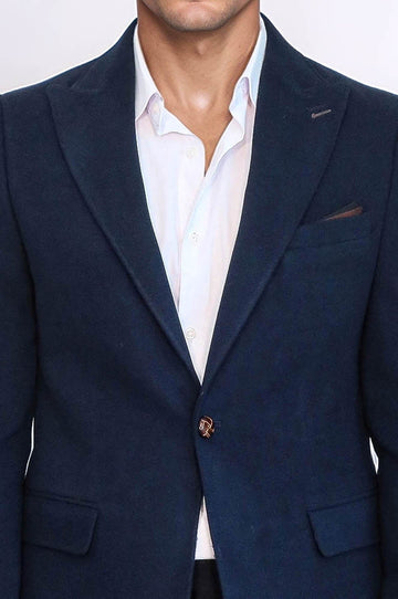 Men’s Navy Blue Textured Slim Fit Peak Lapel Blazer