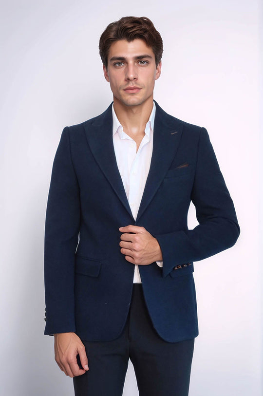 Men’s Navy Blue Textured Slim Fit Peak Lapel Blazer