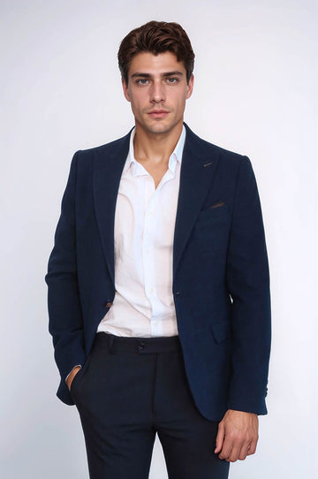 Men’s Navy Blue Textured Slim Fit Peak Lapel Blazer