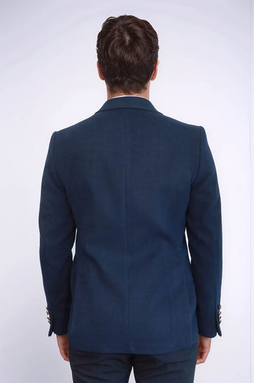 Men’s Navy Blue Textured Slim Fit Peak Lapel Blazer