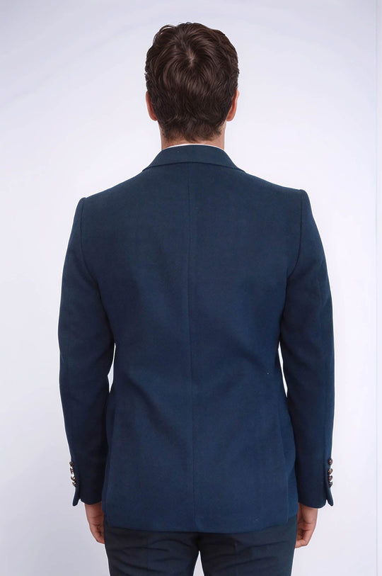 Men’s Navy Blue Textured Slim Fit Peak Lapel Blazer