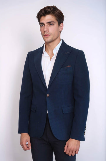 Men’s Navy Blue Textured Slim Fit Peak Lapel Blazer