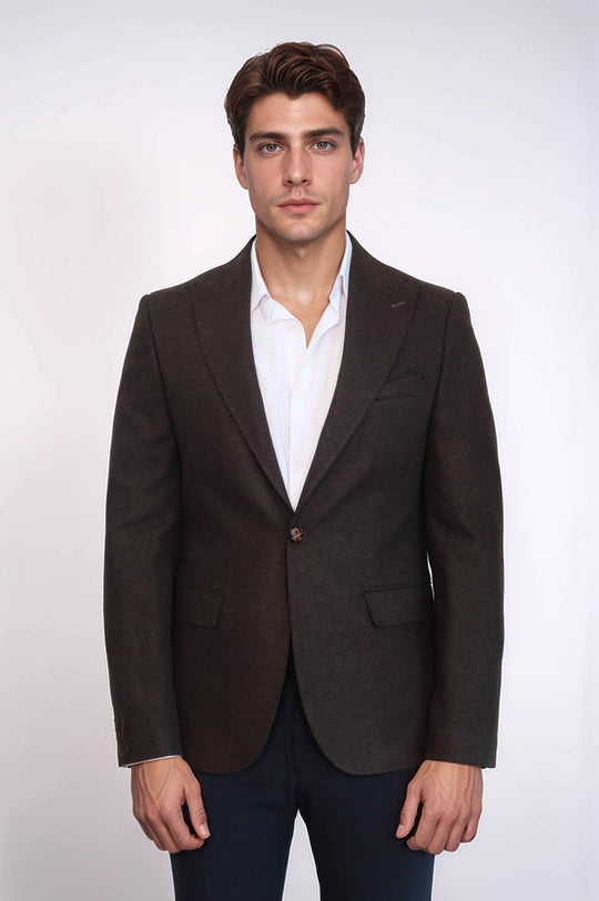 Men’s Brown Textured Slim Fit Wide Peak Lapel Blazer