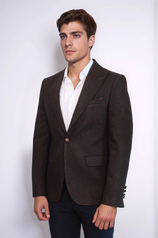 Men’s Brown Textured Slim Fit Wide Peak Lapel Blazer
