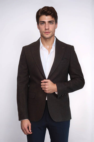 Men’s Brown Textured Slim Fit Wide Peak Lapel Blazer