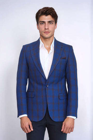 Men’s Royal Blue Windowpane Check Slim Fit Peak Lapel Sport Blazer