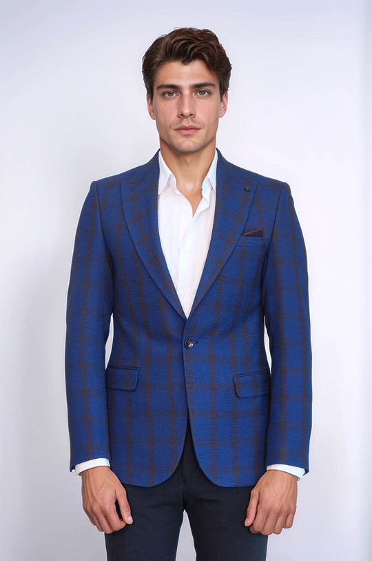 Men’s Royal Blue Windowpane Check Slim Fit Peak Lapel Sport Blazer