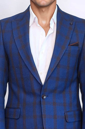 Men’s Royal Blue Windowpane Check Slim Fit Peak Lapel Sport Blazer