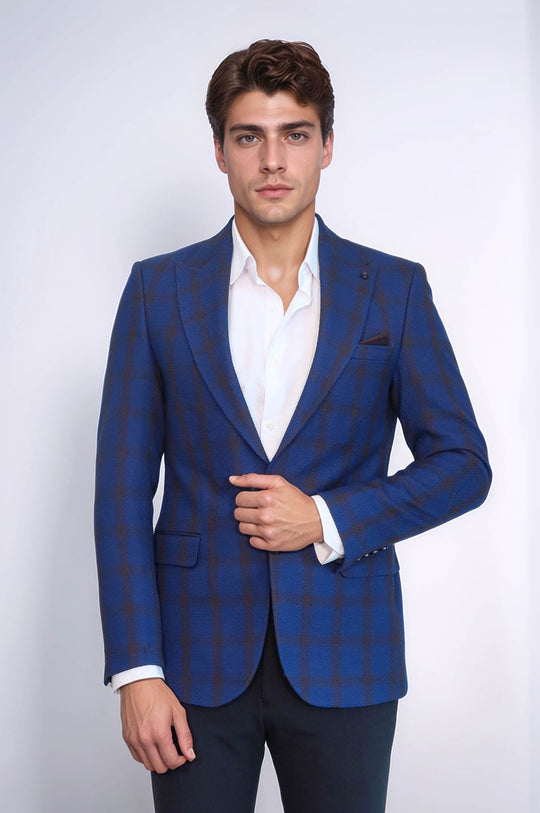 Men’s Royal Blue Windowpane Check Slim Fit Peak Lapel Sport Blazer