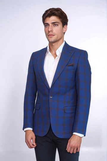 Men’s Royal Blue Windowpane Check Slim Fit Peak Lapel Sport Blazer