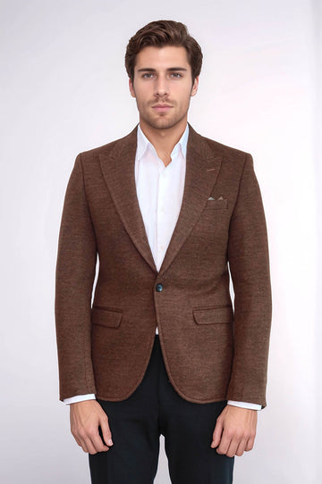 Men’s Tobacco Brown Marled Slim Fit Peak Lapel Wool Blend Blazer