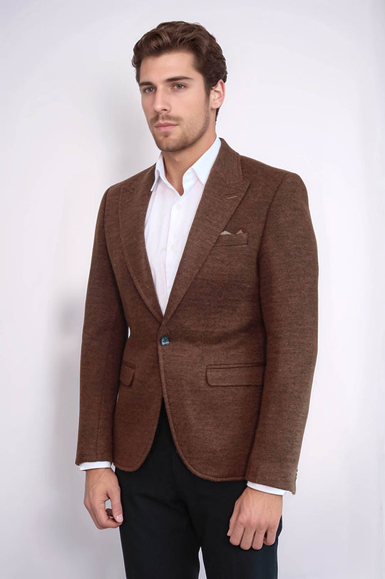 Men’s Tobacco Brown Marled Slim Fit Peak Lapel Wool Blend Blazer