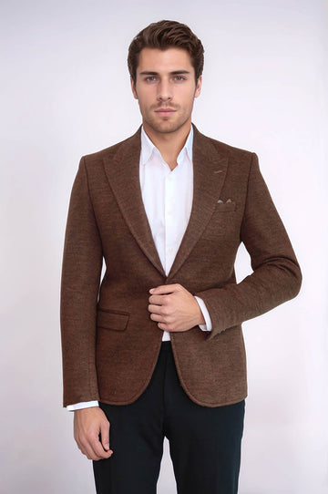 Men’s Tobacco Brown Marled Slim Fit Peak Lapel Wool Blend Blazer