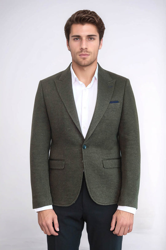 Men’s Forest Green Textured Slim Fit Wool Blend Peak Lapel Blazer