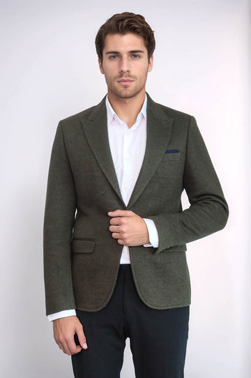 Men’s Forest Green Textured Slim Fit Wool Blend Peak Lapel Blazer