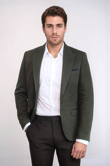Men’s Forest Green Textured Slim Fit Wool Blend Peak Lapel Blazer