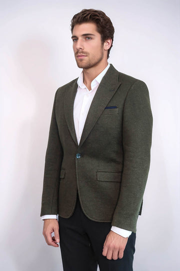 Men’s Forest Green Textured Slim Fit Wool Blend Peak Lapel Blazer