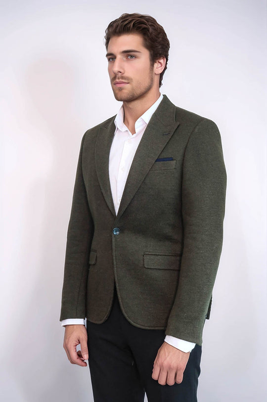 Men’s Forest Green Textured Slim Fit Wool Blend Peak Lapel Blazer