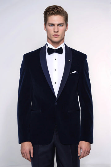 Men’s Midnight Navy Velvet Slim Fit Shawl Lapel Dinner Jacket