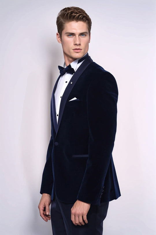 Men’s Midnight Navy Velvet Slim Fit Shawl Lapel Dinner Jacket