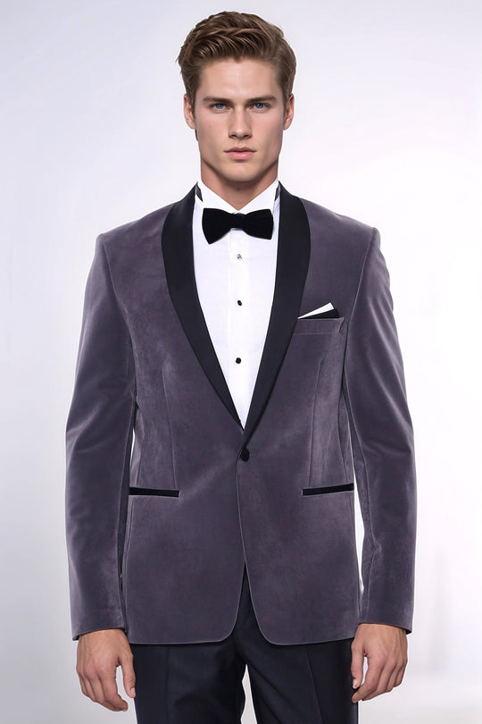 Men’s Slate Grey Velvet Slim Fit Shawl Lapel Dinner Jacket