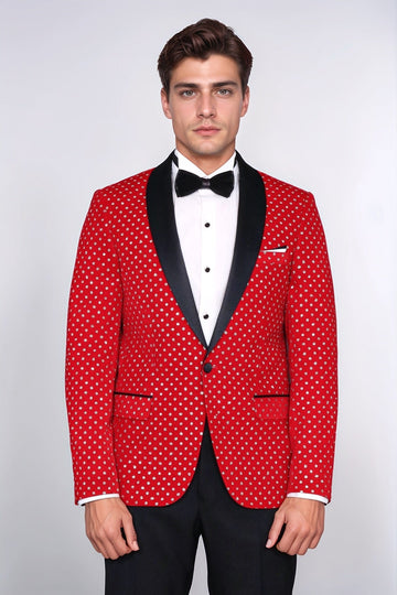 Men’s Crimson Red Shimmering Dot Slim Fit Shawl Lapel Dinner Jacket