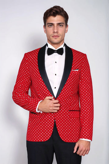 Men’s Crimson Red Shimmering Dot Slim Fit Shawl Lapel Dinner Jacket