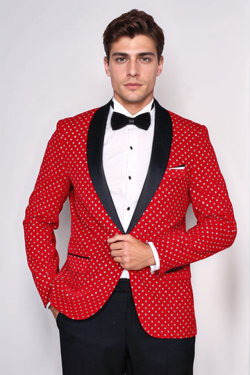Men’s Crimson Red Shimmering Dot Slim Fit Shawl Lapel Dinner Jacket