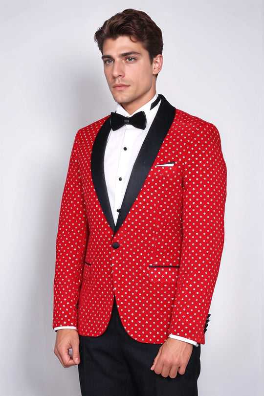 Men’s Crimson Red Shimmering Dot Slim Fit Shawl Lapel Dinner Jacket
