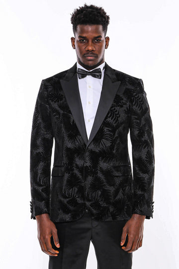 Men’s Midnight Black Shiny Leaf Jacquard Slim Fit Peak Lapel Dinner Jacket