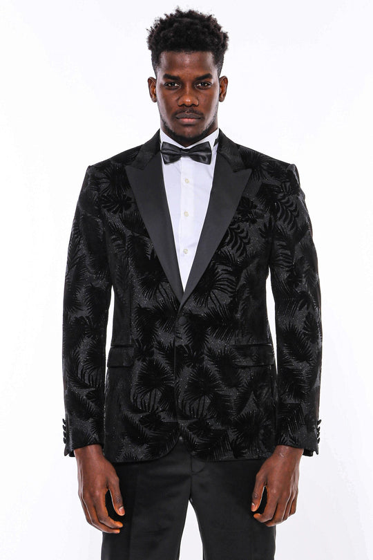 Men’s Midnight Black Shiny Leaf Jacquard Slim Fit Peak Lapel Dinner Jacket