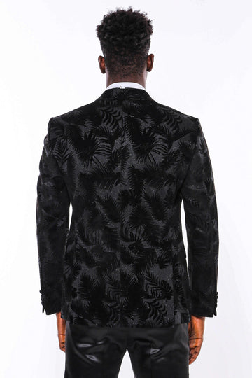 Men’s Midnight Black Shiny Leaf Jacquard Slim Fit Peak Lapel Dinner Jacket
