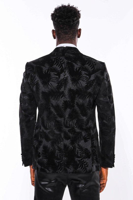 Men’s Midnight Black Shiny Leaf Jacquard Slim Fit Peak Lapel Dinner Jacket
