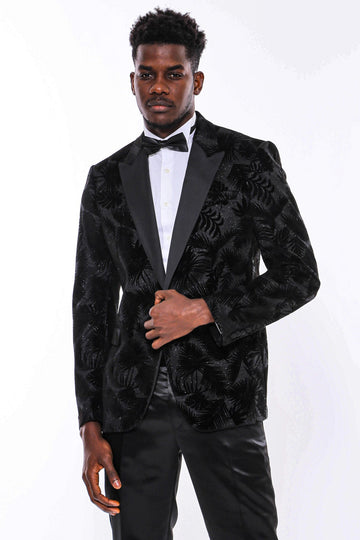 Men’s Midnight Black Shiny Leaf Jacquard Slim Fit Peak Lapel Dinner Jacket