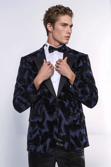 Men’s Midnight Navy Shiny Leaf Jacquard Slim Fit Peak Lapel Dinner Jacket