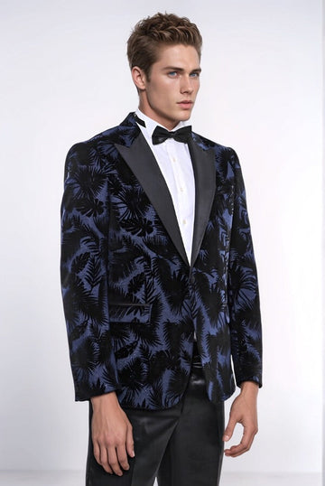 Men’s Midnight Navy Shiny Leaf Jacquard Slim Fit Peak Lapel Dinner Jacket