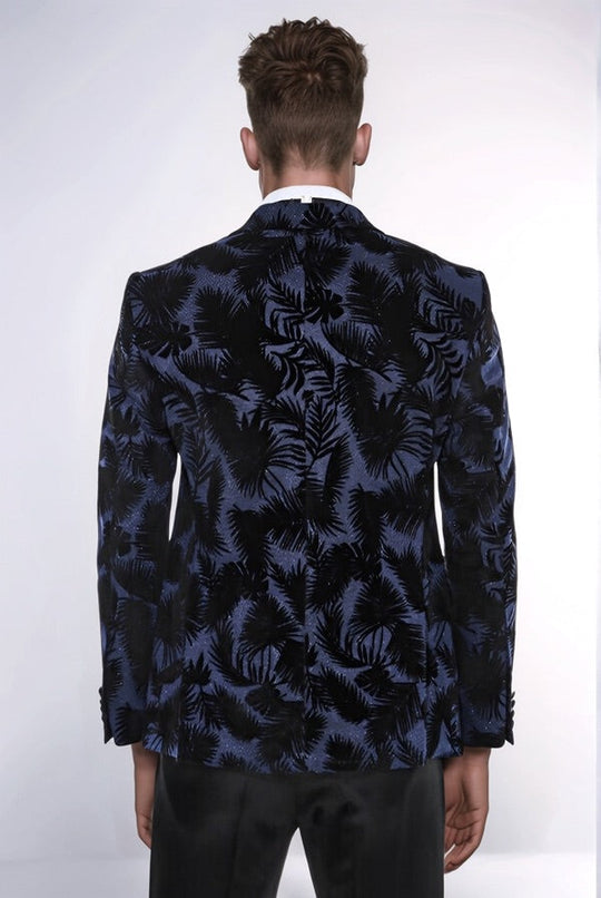 Men’s Midnight Navy Shiny Leaf Jacquard Slim Fit Peak Lapel Dinner Jacket