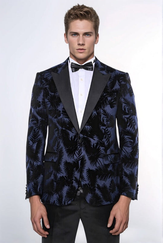 Men’s Midnight Navy Shiny Leaf Jacquard Slim Fit Peak Lapel Dinner Jacket