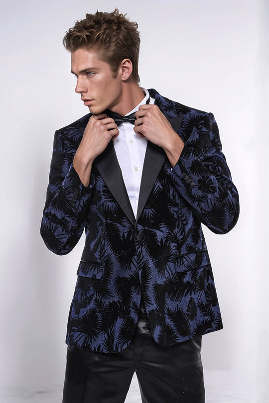 Men’s Midnight Navy Shiny Leaf Jacquard Slim Fit Peak Lapel Dinner Jacket