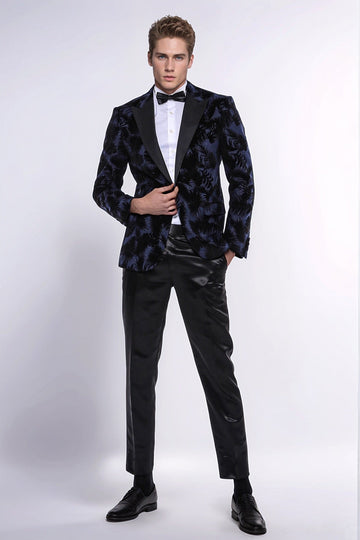 Men’s Midnight Navy Shiny Leaf Jacquard Slim Fit Peak Lapel Dinner Jacket