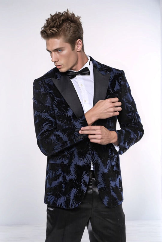 Men’s Midnight Navy Shiny Leaf Jacquard Slim Fit Peak Lapel Dinner Jacket