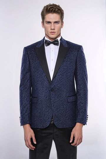 Men’s Midnight Navy Shimmering Dot Jacquard Slim Fit Peak Lapel Dinner Jacket