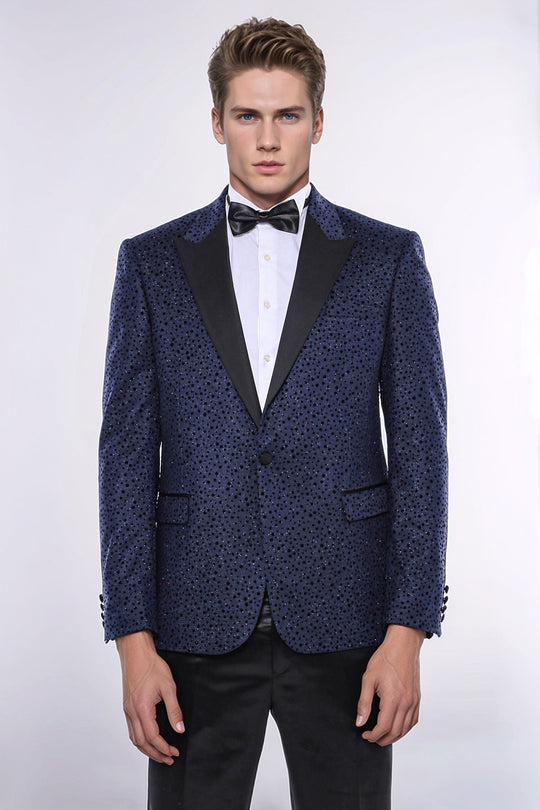 Men’s Midnight Navy Shimmering Dot Jacquard Slim Fit Peak Lapel Dinner Jacket