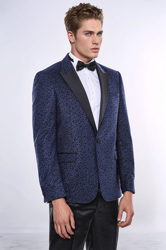 Men’s Midnight Navy Shimmering Dot Jacquard Slim Fit Peak Lapel Dinner Jacket