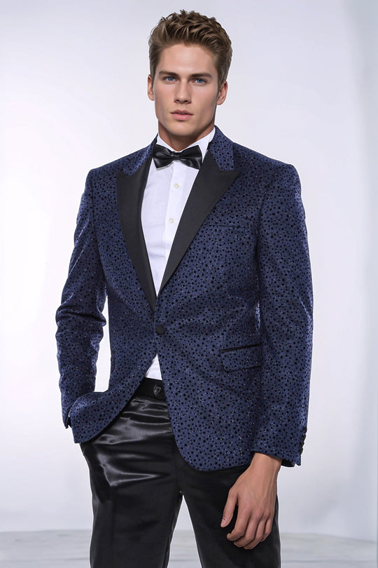 Men’s Midnight Navy Shimmering Dot Jacquard Slim Fit Peak Lapel Dinner Jacket