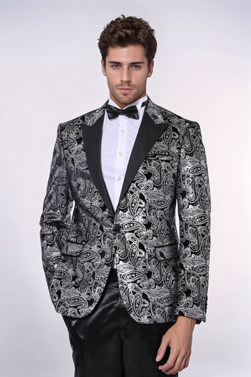 Men’s Silver Metallic Paisley Evening Blazer – Slim Fit with Black Satin Peak Lapels