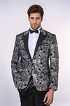 Men’s Silver Metallic Paisley Evening Blazer – Slim Fit with Black Satin Peak Lapels