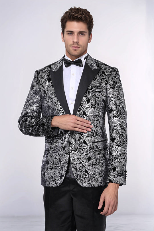 Men’s Silver Metallic Paisley Evening Blazer – Slim Fit with Black Satin Peak Lapels