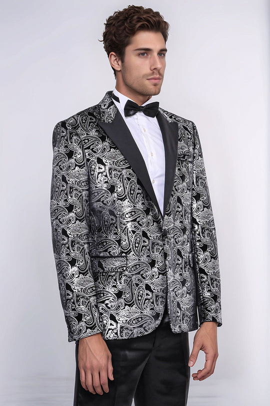 Men’s Silver Metallic Paisley Evening Blazer – Slim Fit with Black Satin Peak Lapels
