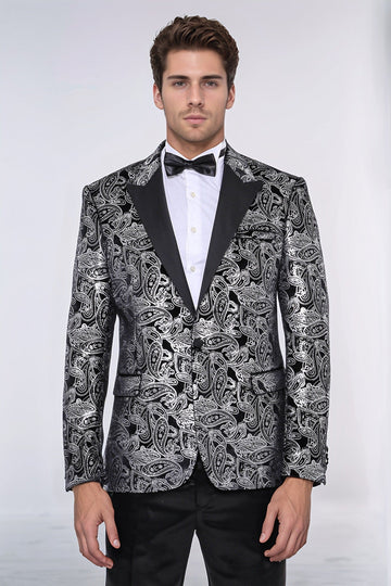Men’s Silver Metallic Paisley Evening Blazer – Slim Fit with Black Satin Peak Lapels